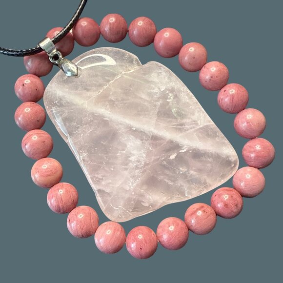 Rose Quartz Pendant Necklace pink rhodonite bracelet fashion accessories bundle - Picture 2 of 10